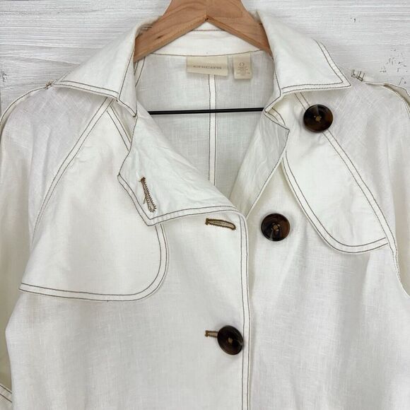 Chico’s 100% Linen Cropped Trench Jacket Women Small White Roll Sleeve Pockets - Picture 3 of 16